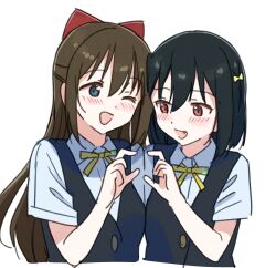 2girls black_hair black_vest blue_eyes blush bow brown_hair collared_shirt fang hair_between_eyes hair_bow heart heart_hands heart_hands_duo highres long_hair love_live! love_live!_nijigasaki_high_school_idol_club mifune_shioriko multiple_girls neck_ribbon nijigasaki_school_uniform one_eye_closed open_mouth osaka_shizuku red_bow red_eyes ribbon school_uniform shirt short_hair sidelocks simple_background smile summer_uniform tata_(tataice) upper_body vest white_background white_shirt yuri