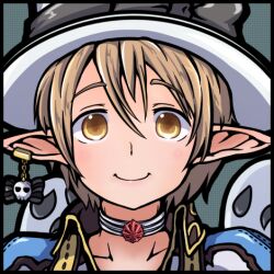 Rule 34 | 1boy, arch bishop (ragnarok online), brown hair, choker, closed mouth, commentary request, earrings, grey background, grey hat, hair between eyes, hat, jewelry, looking at viewer, lowres, male focus, pointy ears, portrait, ragnarok iris, ragnarok online, short hair, single earring, skull earrings, smile, solo, top hat, upper body, white choker, yellow eyes