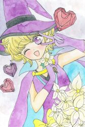 1girl blonde_hair blush cape commentary_request dress dutch_angle flower gloves hat heart highres holding holding_flower looking_at_viewer magical_girl one_eye_closed purple_cape purple_dress purple_eyes purple_gloves purple_hair sayre_art smile solo sugar_sugar_rune v vanilla_mieux witch_hat