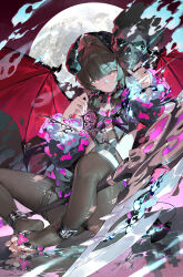 1girl absurdres ankle_cuffs barefoot black_hair black_panties black_pantyhose blush bodhi_wushushenghua breasts demon_horns demon_tail demon_wings detached_sleeves frills hairband highres holding holding_scythe horns lolita_hairband looking_at_viewer new_moon original panties pantyhose red_eyes revealing_clothes scythe small_breasts smile solo spread_legs tail thigh_strap torn_clothes torn_pantyhose underwear wings