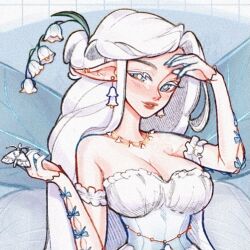 1girl bare_shoulders blue_eyes breasts bright_pupils bug cleavage collarbone commentary commission detached_sleeves dress earrings english_commentary flower flower_earrings hair_behind_ear insect jewelry long_hair looking_at_viewer medium_breasts mixed-language_commentary moth original pale_skin parted_lips pointy_ears portuguese_commentary shysketch smile solo strapless strapless_dress upper_body very_long_hair white_dress white_flower white_hair white_pupils