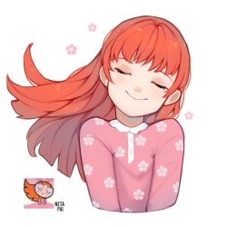 Rule 34 | absurdres, blossom (ppg), buttercup redraw challenge (meme), cherry blossoms, closed eyes, highres, long hair, long sleeves, meme, netapai1, orange hair, pink shirt, powerpuff girls, reference inset, screenshot inset, shirt, simple background, sleepwear, smile, white background