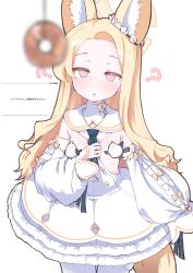 Rule 34 | 1girl, ?, @ @, animal ear fluff, animal ears, blonde hair, blue archive, coin, coin on string, commentary, detached sleeves, dress, extra ears, flat chest, fox ears, fox girl, fox tail, halo, highres, holed coin, hypnosis, kurosaki kousuke, long hair, mind control, pendulum, pink eyes, request inset, seia (blue archive), sideless dress, simple background, solo, tail, translation request, white background, white dress, white sleeves, yellow halo