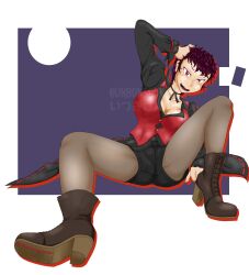 1girl absurdres between_legs breasts cleavage dress female_focus formal_clothes heel_up highres large_breasts legs_up long_sleeves looking_at_viewer open_mouth pants pantyhose red_eyes shoes short_hair shorts sitting skirt smile smiley_face snk suit tan the_king_of_fighters thighs unbonsouvenir vice_(kof)