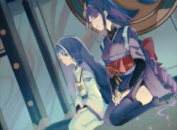 1boy 1girl architecture black_bridal_gauntlets black_hair black_shrug black_thighhighs blue_eyes blunt_bangs blunt_ends blurry blurry_foreground bow bridal_gauntlets brown_flower closed_eyes closed_mouth clothing_cutout east_asian_architecture eyelashes eyeliner eyeshadow facing_to_the_side feathers flower furisode genshin_impact gold_ring hair_flower hair_ornament hands_on_own_thighs highres indoors japanese_clothes kariginu kimono kimono_skirt layered_sleeves long_hair long_sleeves looking_at_another low-braided_long_hair low-tied_long_hair makeup middle_ring mitsudomoe_(shape) mother_and_son obi obiage obijime one_eye_closed pants pelvic_curtain pom_pom_(clothes) purple_bow purple_kimono purple_lips purple_sleeves purple_veil raiden_shogun red_eyeliner red_eyeshadow sash scaramouche_(genshin_impact) scaramouche_(kabukimono)_(genshin_impact) see-through_clothes see-through_veil seiza seraharuko short_sleeves shoulder_cutout shrug_(clothing) sidelocks sitting string tassel tasuki thighhighs tomoe_(symbol) veil very_long_hair white_pants white_sleeves yellow_feathers