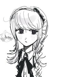 1boy 1girl black_bow black_hairband black_headband black_ribbon blush bow braid braided_ponytail greyscale hair_bow hairband headband highres kirifuji_nozomi long_hair looking_at_viewer mole mole_under_eye monochrome neck_ribbon open_mouth purple_eyes ribbon simple_background sketch sumino_takumi the_hundred_line_-last_defense_academy- upper_body white_background