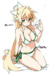 1girl artist_name bikini blonde_hair bracelet breasts elf fanning_self green_eyes green_trim highres jewelry large_breasts leafa_(sao) long_hair navel o-ring o-ring_top pointy_ears ponytail shikei side-tie_bikini_bottom simple_background sitting solo swimsuit sword_art_online very_long_hair wariza white_background white_bikini