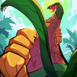 day from_behind from_below gen_1_pokemon gen_3_pokemon highres kakuna leaf leaf_wings nintendo no_humans outdoors pokemon pokemon_(creature) southpauz tree tropius