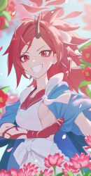 Rule 34 | 1girl, absurdres, blue archive, blue haori, blush, breasts, flower, fluffy hair, forehead, grin, hair intakes, haori, highres, horns, japanese clothes, long hair, looking at viewer, odd (hin yari), red eyes, red flower, red hair, red sailor collar, renge (blue archive), sailor collar, shirt, sideboob, single horn, smile, solo, white shirt
