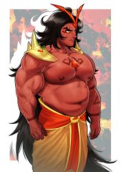 1boy absurdres armor bara belt black_hair burning_spice_cookie colored_skin cookie_run cookie_run:_kingdom feet_out_of_frame highres large_pectorals long_hair looking_to_the_side male_focus manly mature_male muscular muscular_arms muscular_male nifast_(greentail) nipples pectorals plump red_eyes red_skin shoulder_armor shoulder_pads simple_background skirt solo square tattoo thick_eyebrows tusks veins white_background