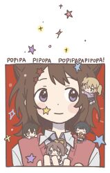 Rule 34 | 5girls, bang dream!, blush, brown hair, chibi, collared shirt, commentary request, cone hair bun, hair bun, hair ornament, hairclip, hanazono tae, highres, ichigaya arisa, looking to the side, multiple girls, nihiru0513, poppin&#039;party, purple eyes, shirt, short hair, star (symbol), star hair ornament, toyama kasumi, ushigome rimi, vest, yamabuki saya