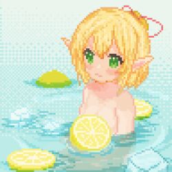 1girl bathing blonde_hair blush closed_mouth commentary_request completely_nude convenient_censoring food fruit green_eyes jinmao_hei_qiu lemon looking_at_viewer mizuhashi_parsee nude partially_submerged pixel_art pointy_ears ripples short_hair smile solo touhou upper_body water yuzu_(fruit) yuzu_bath