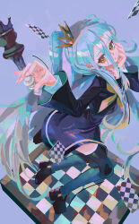 1girl absurdres black_shoes black_thighhighs blue_background blue_dress blue_hair chess_piece chessboard commentary crown dress english_commentary hair_between_eyes highres iinagi_(kashiwa_keira) long_hair long_hair_between_eyes looking_at_viewer mini_crown neckerchief no_game_no_life one_side_up sailor sailor_collar shiro_(no_game_no_life) shoes solo thighhighs very_long_hair white_sailor_collar yellow_neckerchief