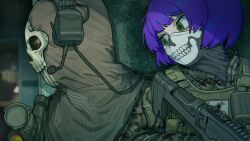 Rule 34 | 1boy, 1girl, against wall, assault rifle, balaclava, blurry, blurry background, bulletproof vest, call of duty, call of duty: modern warfare 2, camouflage, camouflage jacket, chromatic aberration, ghost (modern warfare 2), green eyes, green jacket, gun, headset, highres, holding, holding gun, holding weapon, indie virtual youtuber, jacket, long sleeves, looking to the side, mask, microphone, mouth mask, podone, purple hair, rifle, short hair, skull print, sparrowl, upper body, walkie-talkie, weapon