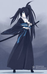 Rule 34 | 1girl, 32zzz, artist name, bandaged hand, bandages, black gloves, black hair, black kimono, black rock shooter, black rock shooter (character), blue eyes, chest sarashi, fingerless gloves, full body, gloves, hair over one eye, highres, japanese clothes, katana, kimono, long hair, sarashi, single glove, solo, stitched arm, stitches, sword, twintails, uneven twintails, very long hair, watermark, weapon