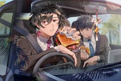 3boys black_hair black_jacket black_suit blue_hair burger business_suit car collared_shirt constantine_xi_(fate) driving earrings eating fate/grand_order fate_(series) food formal_clothes hair_between_eyes highres holding holding_burger holding_food jacket jewelry male_focus motor_vehicle multiple_boys necktie official_alternate_costume pant_suit pants saitou_hajime_(fate) shirt shooou_0104 short_hair suit suit_jacket sweatdrop waver_velvet wavy_hair