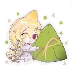 1girl bilibili_33170499 blonde_hair chibi commentary_request curly_hair diamond_hair_ornament dress food from_side hair_between_eyes hair_ornament heterochromia highres holding holding_food hug indie_virtual_youtuber kaofish long_hair looking_at_viewer red_eyes seiza sitting smile solo wariza white_dress yellow_eyes zongzi