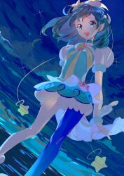 1girl :d absurdres alien antennae aqua_eyes aqua_hair aqua_leotard aqua_shorts brooch choker cure_milky dutch_angle floating_hair gradient_legwear hagoromo_lala hair_ornament highres jewelry leotard magical_girl medium_hair night open_mouth outdoors pointy_ears precure puffy_short_sleeves puffy_shorts puffy_sleeves see-through_clothes see-through_skirt see-through_sleeves seika_(yuimarutoka0219) shooting_star_hair_ornament short_shorts short_sleeves shorts single_leg_pantyhose skirt sky smile solo star_(symbol) star_hair_ornament star_twinkle_precure teeth upper_teeth_only wading wrist_cuffs