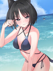 2girls absurdres animal_ears bikini black_eyes black_hair blue_archive blue_bikini blush cat_ears cat_girl cat_tail closed_mouth highres kazusa_(blue_archive) kikyou_(blue_archive) kikyou_(swimsuit)_(blue_archive) looking_at_viewer multiple_girls multiple_tails ocean official_alternate_costume ozakinggg parted_bangs short_hair smile swimsuit tail two_tails wet