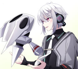 Rule 34 | 1boy, 1other, ahoge, double-parted bangs, eiyuu densetsu, fio (eiyuu densetsu), gradient background, hair between eyes, kuro no kiseki, kuro no kiseki (series), kuro no kiseki ii, long sleeves, mulberry804, necktie, open mouth, quatre salision, red eyes, robot, short hair, sidelocks, simple background, smile, white background, white hair, white necktie