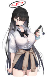 1girl absurdres black_hair blue_archive bow bowtie breasts cellphone choker cleavage clothes_around_waist earrings hair_ornament hairclip halo highres holding holding_phone jewelry large_breasts long_hair looking_at_viewer mecha_(93285319) phone pink_nails pleated_skirt red_eyes ringed_eyes rio_(blue_archive) school_uniform simple_background skirt smartphone solo white_background