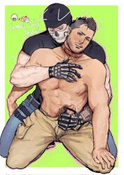 2boys abs afra816 arm_behind_another&#039;s_back arm_on_knee arm_tattoo bar_censor bara bare_shoulders beard belt black_belt black_gloves black_shirt blue_eyes blue_pants blush border brown_hair brown_pants call_of_duty call_of_duty:_modern_warfare_2 censored character_name closed_eyes collar commentary cum denim drawn_ears english_text facial_hair ghost_(modern_warfare_2) gloved_handjob gloves hand_on_another&#039;s_chest handjob hashtag-only_commentary heart highres jeans kneeling looking_ahead male_focus mask mohawk multiple_belts multiple_boys multiple_scars name_tag nipples pants parted_lips pectorals penis reach-around red_collar scar scar_on_arm shirt skeleton_print skull_mask soap_(modern_warfare_2) sweat sweatdrop t-shirt tattoo thigh_belt thigh_strap topless_male veins veiny_arms white_border yaoi