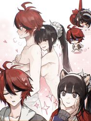 1boy 1girl ahoge animal_ears black_hair black_streaks breast_press breasts cat_ears chibi completely_nude grey_eyes grey_jacket hairband hand_on_another&#039;s_face heart hetero highres hood hoodie jacket long_hair magadori_kyoshika medium_breasts multicolored_hair multiple_views naked_towel nude pink_background ponytail purple_eyes ribbon short_hair sparkle streaked_hair sumino_takumi the_hundred_line_-last_defense_academy- towel white_hoodie wrapped_up yough42