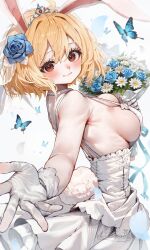 1girl animal_ears blonde_hair blue_butterfly blue_flower blue_rose blush bouquet breasts bridal_veil bug butterfly carrot_(one_piece) cowboy_shot dress flower gloves hair_flower hair_ornament highres holding holding_bouquet insect klopsiak large_breasts light_smile looking_at_viewer medium_hair one_piece rabbit_ears rabbit_girl rabbit_nose rabbit_tail reaching reaching_towards_viewer red_eyes rose sideboob signature simple_background tail tiara unaligned_breasts veil wedding_dress white_background white_dress white_gloves