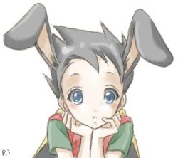 1boy animal_ears batman_(series) blue_eyes rabbit_ears cape dc_comics dick_grayson lowres male_focus rikojasmine robin_(dc) short_sleeves solo