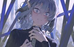 Rule 34 | 1boy, absurdres, angry, bags under eyes, clenched teeth, dungeon meshi, elf, frown, glaring, grey eyes, grey hair, hand on own neck, high collar, highres, long sleeves, looking at viewer, male focus, maratang, medium hair, mithrun, pointy ears, purple shirt, ringed eyes, shirt, solo, teeth, upper body, wavy hair