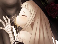 1boy 1girl bad_tag bandaged_arm bandages bare_shoulders black_dress blonde_hair censored closed_eyes disgust dress drinking_pee drooling fellatio flower forced game_cg golden_shower hat hekate_(misfortune_of_little_witch) helpless loli long_hair lower_body misfortune_of_little_witch mosaic_censoring oral pee peeing petite pubic_hair rose size_difference strap_pull swallowing tearing_up tears transparent_background unitonasubi upper_body witch witch_hat