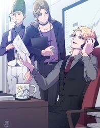 Rule 34 | 3boys, belt, black jacket, black pants, black vest, blonde hair, blush, brown hair, cellphone, coffee mug, cup, dio brando, grey shirt, highres, holding, holding phone, implied yaoi, indoors, jacket, jojo no kimyou na bouken, jonathan joestar, long hair, long sleeves, male focus, mixed-language commentary, morino peko, mug, multiple boys, necktie, pants, phone, red necktie, shirt, sitting, smartphone, smile, stardust crusaders, terence t. d&#039;arby, vanilla ice, vest, yellow eyes