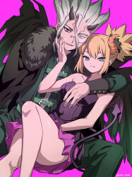 1boy 1girl absurdres alternate_costume bare_arms black_cape black_scrunchie black_wings blonde_hair blue_eyes cape closed_mouth collarbone dr._stone fang fang_out gradient_wings green_jacket green_pants green_wings grey_hair hair_ornament hair_scrunchie highres horns ishigami_senkuu izumi_whale jacket kohaku_(dr._stone) long_hair looking_at_viewer miniskirt monocle multicolored_wings open_mouth pants pink_background pink_skirt pleated_skirt red_eyes scrunchie sidelocks simple_background skirt spiked_hair twitter_username wings