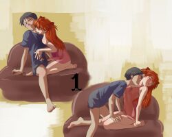 1boy 1girl amondetauro barefoot biting black_hair black_shorts blue_shirt blush camisole commission half_updo hetero highres ikari_shinji interface_headset_(evangelion) long_hair neck_biting neon_genesis_evangelion no_panties open_mouth orange_hair pink_camisole shirt short_hair shorts simple_background souryuu_asuka_langley t-shirt