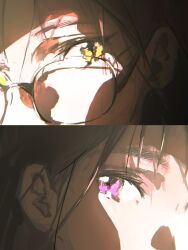 2girls alien_stage black-framed_eyewear black_hair chinese_commentary commentary eye_focus glasses highres looking_at_another mizi_(alien_stage) multiple_girls purple_eyes sijimao sua_(alien_stage) yellow_eyes