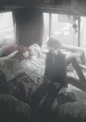 2boys absurdres bed book collared_shirt curtains grey_hair highres holding hood hoodie indoors long_sleeves looking_at_another lying male_focus monota02 multiple_boys on_back on_bed original pants pillow plaid_clothes red_hair shirt short_hair sitting sweater window