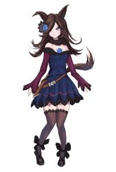 Rule 34 | 1girl, animal ears, blue flower, blue rose, brown hair, dagger, dress, flipped hair, flower, full body, hair over one eye, highres, horse ears, horse girl, knife, lowhere, off-shoulder dress, off shoulder, rice shower (umamusume), rose, self-upload, tail, umamusume, weapon