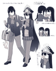 1boy 1girl :&gt; :d adjusting_another&#039;s_clothes anger_vein backpack bag blazer blunt_ends blush bow breath brother_and_sister can canned_coffee center-flap_bangs character_doll chibi closed_eyes closed_mouth contemporary dot_mouth drink_can drinking fate/grand_order fate_(series) fiery_hair full_body happy highres holding holding_can jacket jitome keikenchi_(style) loafers long_hair long_sleeves looking_at_another low_ponytail miniskirt monochrome multiple_views oda_nobukatsu_(fate) oda_nobunaga_(fate) oda_nobunaga_(koha-ace) open_mouth pants pants_under_skirt plaid_clothes plaid_pants plaid_skirt pleated_skirt ponytail raised_eyebrows scarf scarf_bow school_bag school_uniform shoes shoulder_bag siblings sidelocks simple_background skirt sleeves_past_wrists smile sweatdrop sweater_under_jacket track_pants v-shaped_eyebrows very_long_hair walking wavy_mouth white_background winter_clothes winter_uniform yzrh0