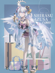 1girl absurdres azusa_(blue_archive) azusa_(swimsuit)_(blue_archive) bare_shoulders bead_necklace beads bikini bikini_skirt black_flower blue_archive blush bow breasts cleavage closed_mouth crossed_bangs feathered_wings flower food frilled_bikini frills grey_hair hair_between_eyes hair_bow hair_flower hair_ornament highres holding holding_food holding_ice_cream ice_cream jewelry jimoki long_hair looking_at_viewer necklace official_alternate_costume official_alternate_hairstyle open_clothes open_shirt pink_bikini pink_bow polka_dot polka_dot_bow purple_bow purple_eyes sandals see-through_clothes see-through_shirt shirt sidelocks solo striped_clothes striped_shirt swimsuit toes twintails vertical-striped_clothes vertical-striped_shirt white_shirt wings yellow_bow