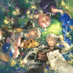 Rule 34 | 1boy, 3girls, artist name, black coat, black pants, black skirt, blue eyes, book, calpi15, chinese commentary, coat, commentary request, cyrene (honkai: star rail), dog, dress, grey hair, highres, holding, holding book, honkai: star rail, honkai (series), lying, medium hair, mem (honkai: star rail), multiple girls, on back, on grass, open book, open mouth, outdoors, pants, phainon (honkai: star rail), pink hair, purple coat, shirt, skirt, smile, stelle (honkai: star rail), tail, trailblazer (honkai: star rail), white coat, white dog, white dress, white hair, white shirt, yellow eyes