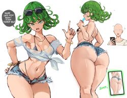 alternate_costume ass green_eyes green_hair highres huge_ass one-punch_man rakeemspoon saitama_(one-punch_man) tatsumaki