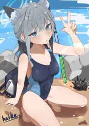 Rule 34 | 1girl, animal ear fluff, animal ears, artist name, bag, barefoot, black one-piece swimsuit, blue archive, blue eyes, breasts, competition swimsuit, covered navel, cross hair ornament, extra ears, fishing rod, grey hair, haike, hair ornament, halo, medium breasts, medium hair, mismatched pupils, multicolored swimsuit, official alternate costume, one-piece swimsuit, sea urchin, shiroko (blue archive), shiroko (swimsuit) (blue archive), solo, squatting, swimsuit, v, water, wolf ears