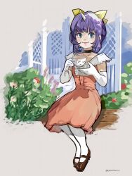 1girl black_choker blue_eyes bow breasts brown_shoes choker closed_mouth dress eiko_carol elbow_gloves final_fantasy final_fantasy_ix full_body garden gazebo gloves hair_bow highres horns looking_at_another mary_janes pantyhose pink_dress purple_hair shoes short_hair single_horn sitting small_breasts smile solo twitter_username uzutanco white_gloves white_pantyhose yellow_bow