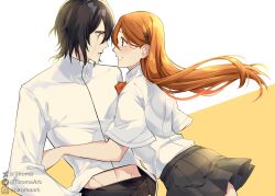 1boy 1girl absurdres black_hair black_pants black_skirt bleach facial_mark hair_behind_ear hair_between_eyes hair_ornament hetero highres inoue_orihime instagram_username long_hair long_sleeves medium_hair midriff_peek neckerchief orange_hair pants parted_lips pleated_skirt red_neckerchief school_uniform shirt short_sleeves skirt smile snowflake_hair_ornament tiroma twitter_username ulquiorra_cifer upper_body white_shirt