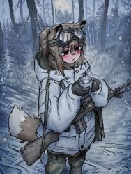 1girl absurdres animal_ears bare_tree battle_rifle blush brown_eyes brown_hair camouflage camouflage_pants fox_ears fox_girl fox_girl_(yihan_world) fox_tail gloves goggles goggles_on_head gun hair_between_eyes highres hood hood_down jacket m14 m21 original pants rifle snow tail tree weapon white_jacket winter yihan_world