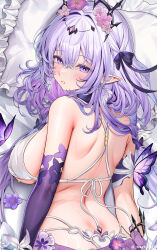 1girl armpit_crease back bare_shoulders bed black_tiara blush bow breasts bug butterfly butterfly_earrings castorice_(honkai:_star_rail) commentary_request dakimakura_(medium) earrings elbow_gloves flower from_behind gloves hair_between_eyes hair_bow hair_flower hair_intakes hair_ornament highres insect jewelry large_breasts long_hair looking_at_viewer looking_back machi_(machi0910) median_furrow on_bed parted_lips pillow pink_flower pointy_ears purple_bow purple_butterfly purple_eyes purple_gloves purple_hair shoulder_blades sidelocks single_elbow_glove solo sweat tiara twitter_username upper_body