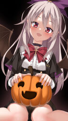 Rule 34 | 1girl, :d, aoi tori (purple software), bat wings, black background, black capelet, black choker, black skirt, bow, bowtie, buttons, capelet, center frills, choker, commentary, cross, cross choker, double-breasted, english commentary, eyelashes, eyes visible through hair, fang, feet out of frame, fingernails, frilled shirt, frilled sleeves, frills, grey hair, hair between eyes, hair bow, halloween, happy, head tilt, high-waist skirt, highres, holding, holding pumpkin, huge bow, jack-o&#039;-lantern, long hair, long sleeves, looking at viewer, making-of available, mary harker, nyayuu96, open mouth, pointy ears, pumpkin, purple bow, red bow, red bowtie, red eyes, shirt, simple background, sitting, skirt, smile, solo, vampire, very long hair, wariza, white shirt, wings