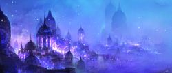 Rule 34 | absurdres, blue sky, blue theme, building, cityscape, fantasy, highres, kurasuta, original, outdoors, scenery, signature, sky, skyline