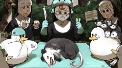 3girls :&lt; :o animal animal_on_back bandaid bandana bird blonde_hair blue_eyes brown_eyes brown_hair bush chicken clenched_hands clumsy_nun_(diva) commentary diva_(hyxpk) duck english_commentary freckles frog frog_headband froggy_nun_(diva) gloves grey_eyes grey_hair highres knife little_nuns_(diva) lying mask mat mouth_mask multiple_girls nose_bubble nun on_side open_mouth opossum ostrich outdoors pillar possum rubber_gloves sheep_nun_(diva) shower_cap sign sleeping slice_of_life sparkle surgery tag traditional_nun