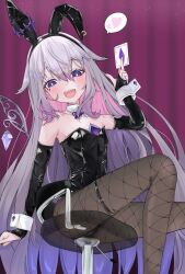1girl absurdres black_bridal_gauntlets black_leotard black_pantyhose bow bowtie bridal_gauntlets card castellayaki chest_jewel colored_inner_hair detached_collar fishnet_pantyhose fishnets gem gradient_hair grey_hair heart highleg highleg_leotard highres holding holding_card hololive hololive_english jewel_under_eye koseki_bijou leotard long_hair metal_wings multicolored_hair on_stool open_mouth pantyhose pink_hair playboy_bunny playing_card purple_bow purple_bowtie purple_eyes purple_gemstone purple_hair sitting solo speech_bubble spoken_heart strapless strapless_leotard very_long_hair virtual_youtuber wrist_cuffs
